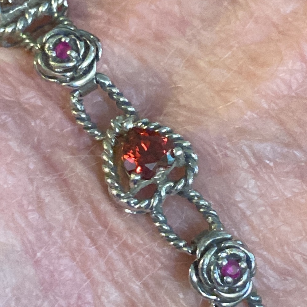 Gorgeous Sterling silver bracelet surrounded by lab created rubies and garnets - Picture 6 of 7
